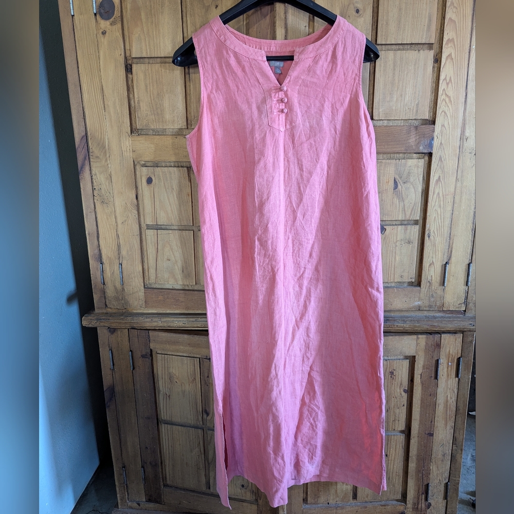 J. Jill Pink/Peach Linen Long Dress Sleeveless  Petite L. V-Neck Lagenlook